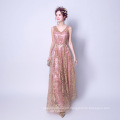 Factory supply elegant V-neck rose gold lace evening dress beautiful strap women gown dress